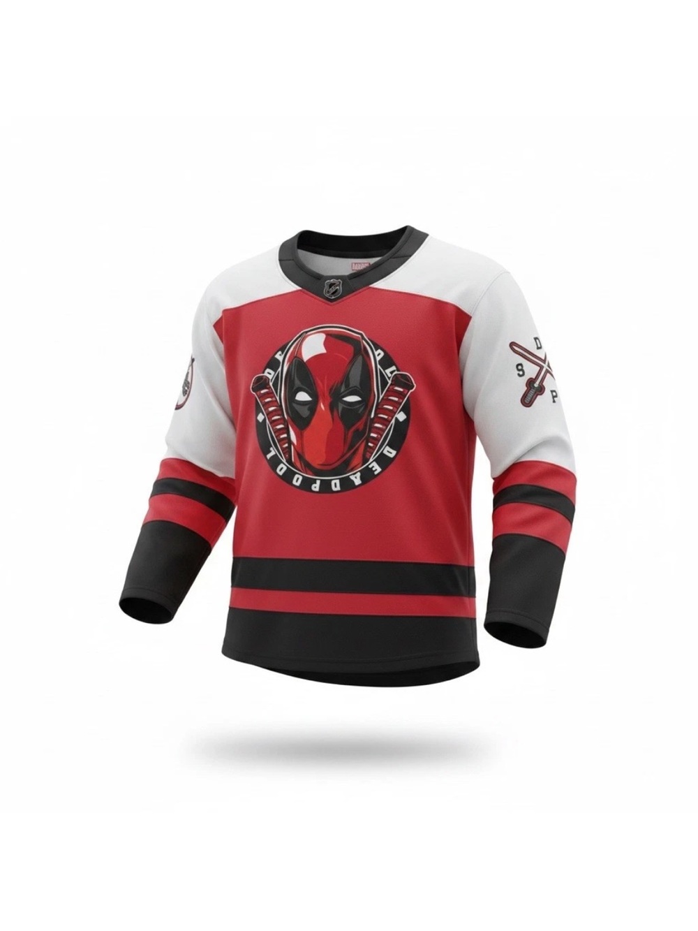Marvel Mens Red, White & Black Deadpool Hockey Jersey